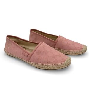 Gucci GG Monogram Canvas Espadrilles 38.5 Pink Logo Slip On Flats Spain Luxury